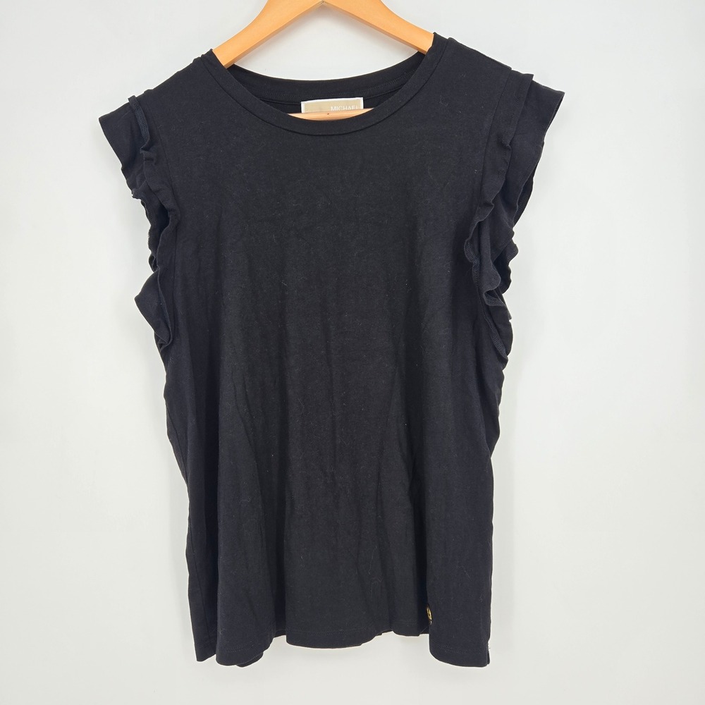 Michael Kors Cotton/Modal Sleeveless Black Tee T Shirt Ruffle Logo Womens L
